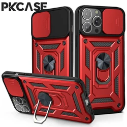 PKCASE Slide Camera Lens Protect Armor Case for iPhone 16 15 14 13 11 12 Pro Max Mini 7 8 Plus Bumpers Ring Kickstand Cover