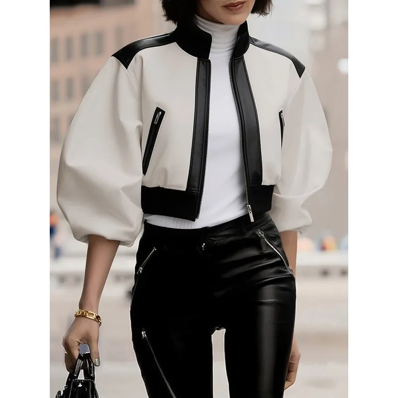 

Black White High Street Pu Jackets for Women 2026 Stylish Leather Stand Collar Lantern Sleeve Pockets Hot Girl Outerwear 186349