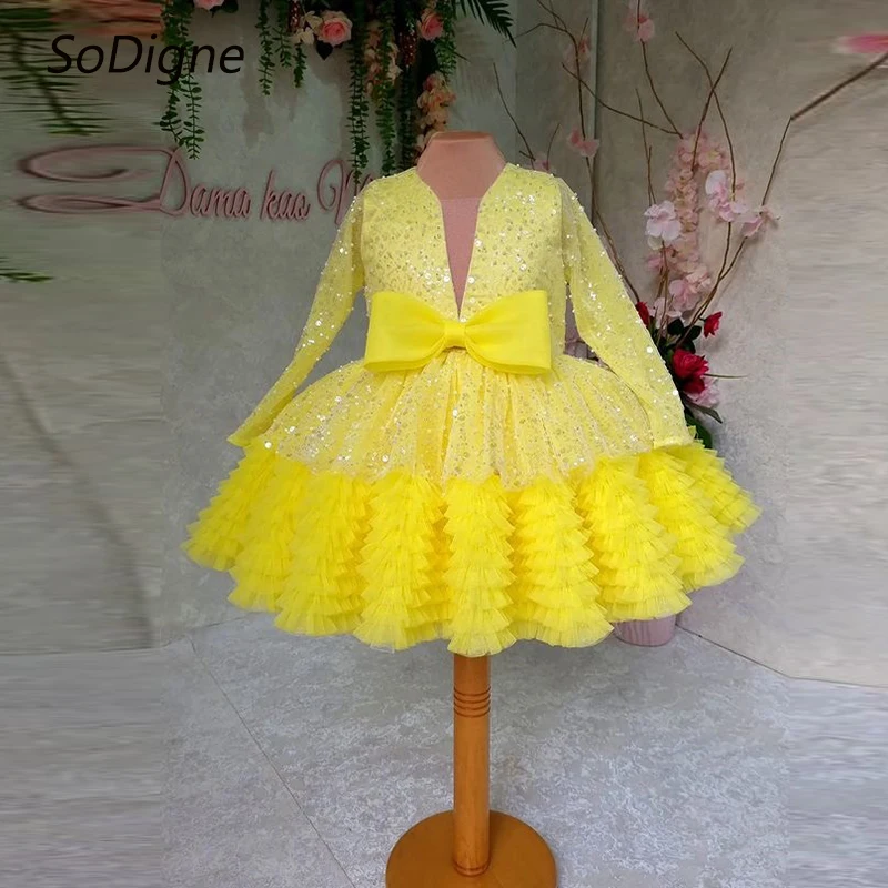 SoDigne A-line Mini Glitter Flower Girl Gowns Full Sleeves Sequined Tulle Girl Short Birthday Party Dresses with Bow Customized