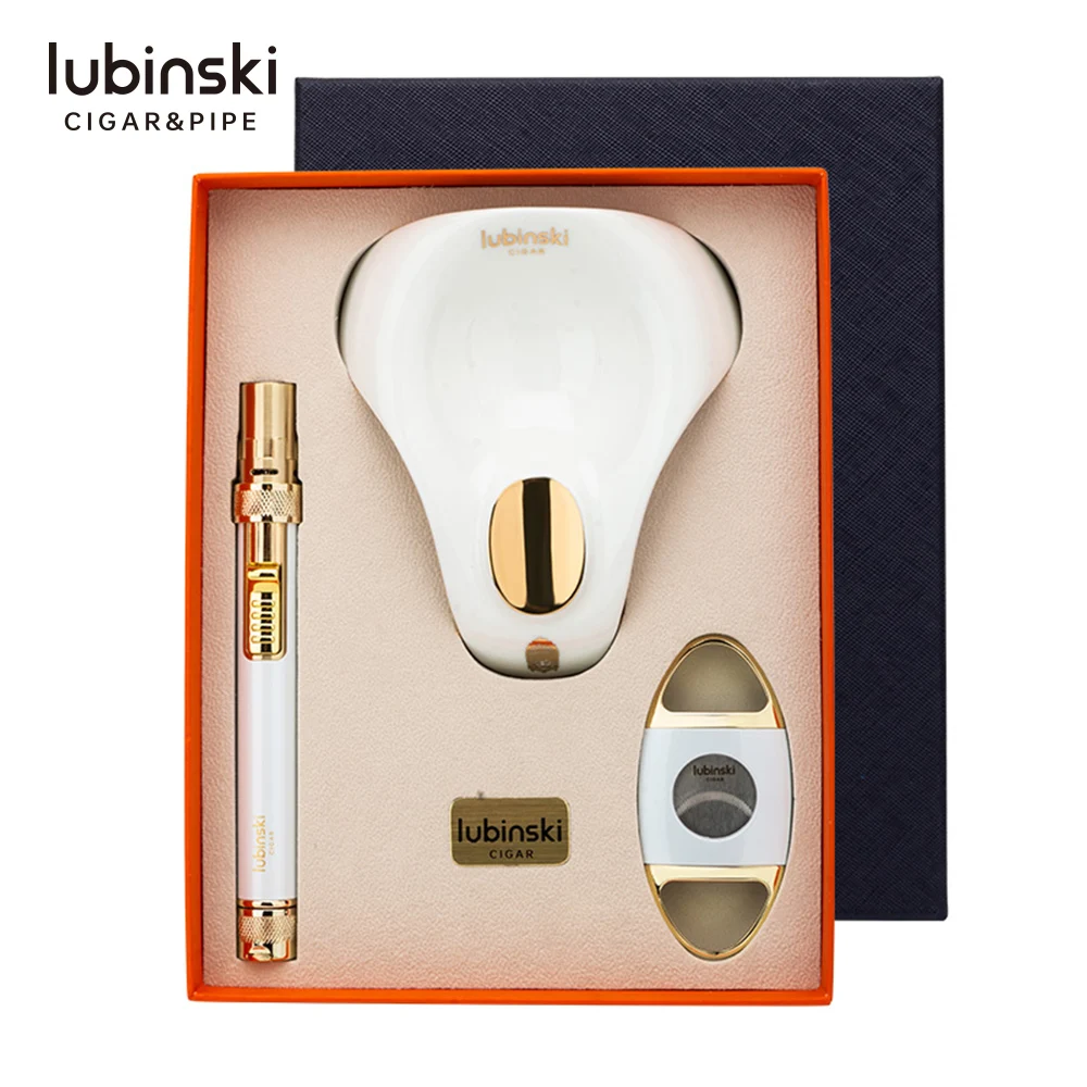 Lubinski New  Luxury High Quality Cigar Gift Set Cigars Ashtray With Cigar Cutter Blade And Gas Jet Flame 3 Torches Lighter