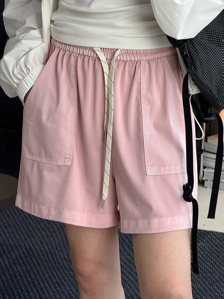 FANAN-pantalones cortos minimalistas con diseño de cordón para mujer, ropa elástica de cintura alta con bolsillos grandes, moda femenina, novedad de verano 2025