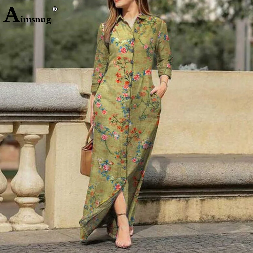 Aimsnug 2023ฤดูร้อนผู้หญิงเสื้อสุภาพสตรี Elegant Boho Dresses ดอกไม้พิมพ์พลัสขนาดหญิงเดี่ยว Maxi ชุด