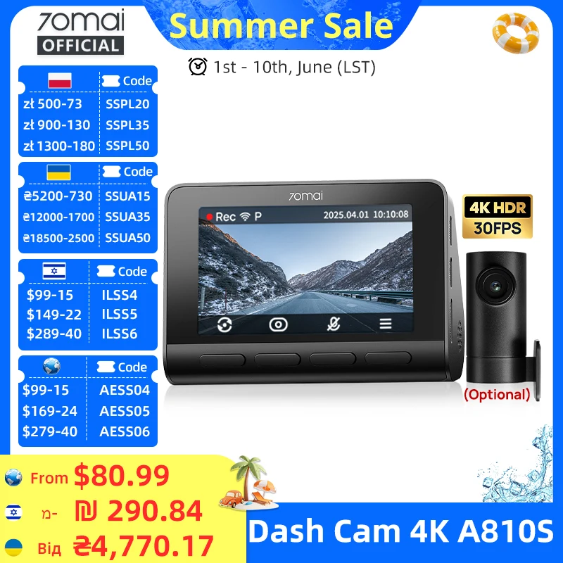 Kamera samochodowa 70mai Dash Cam 4K A810S HDR IMX678 Supercapacitor 4G LTE Zdalne sterowanie Wi-Fi 6 Sterowanie głosowe GPS ADAS Kamera samochodowa 70mai A810S