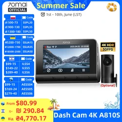 70mai Dash Cam 4K A810S HDR IMX678 Supercapacitor 4G LTE Remote Control Wi-Fi 6 Voice Control GPS ADAS Car Camera 70mai A810S