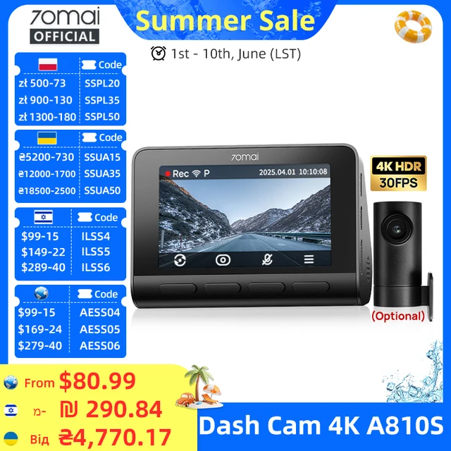 Kamera samochodowa 70mai Dash Cam 4K A810S HDR IMX678 Supercapacitor 4G LTE Zdalne sterowanie Wi-Fi 6 Sterowanie głosowe GPS ADAS Kamera samochodowa 70mai A810S