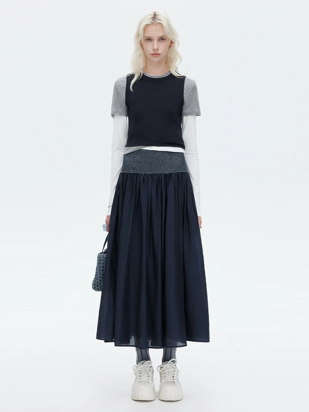 Wiosenno-jesienna nowa damska spódnica do połowy łydki, modna spódnica do pracy z wysokim stanem, ciemnoniebieska, rozkloszowana, długa.