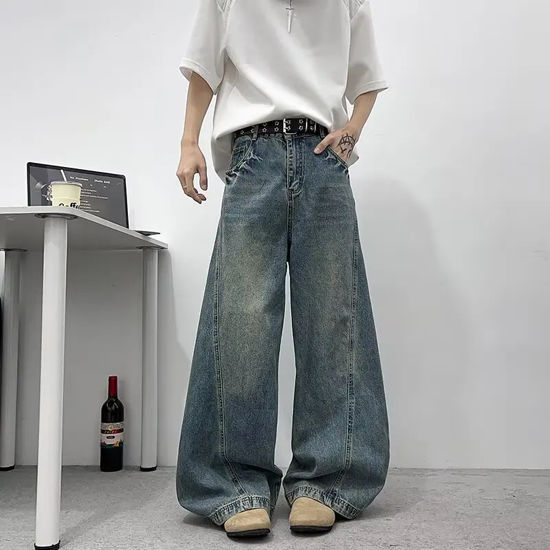 Übergroße Herren-Jeans mit Weitem Bein im American Style Vintage-Waschung Baggy Denim-Hose Trend Männliche Schlichtheit Hose