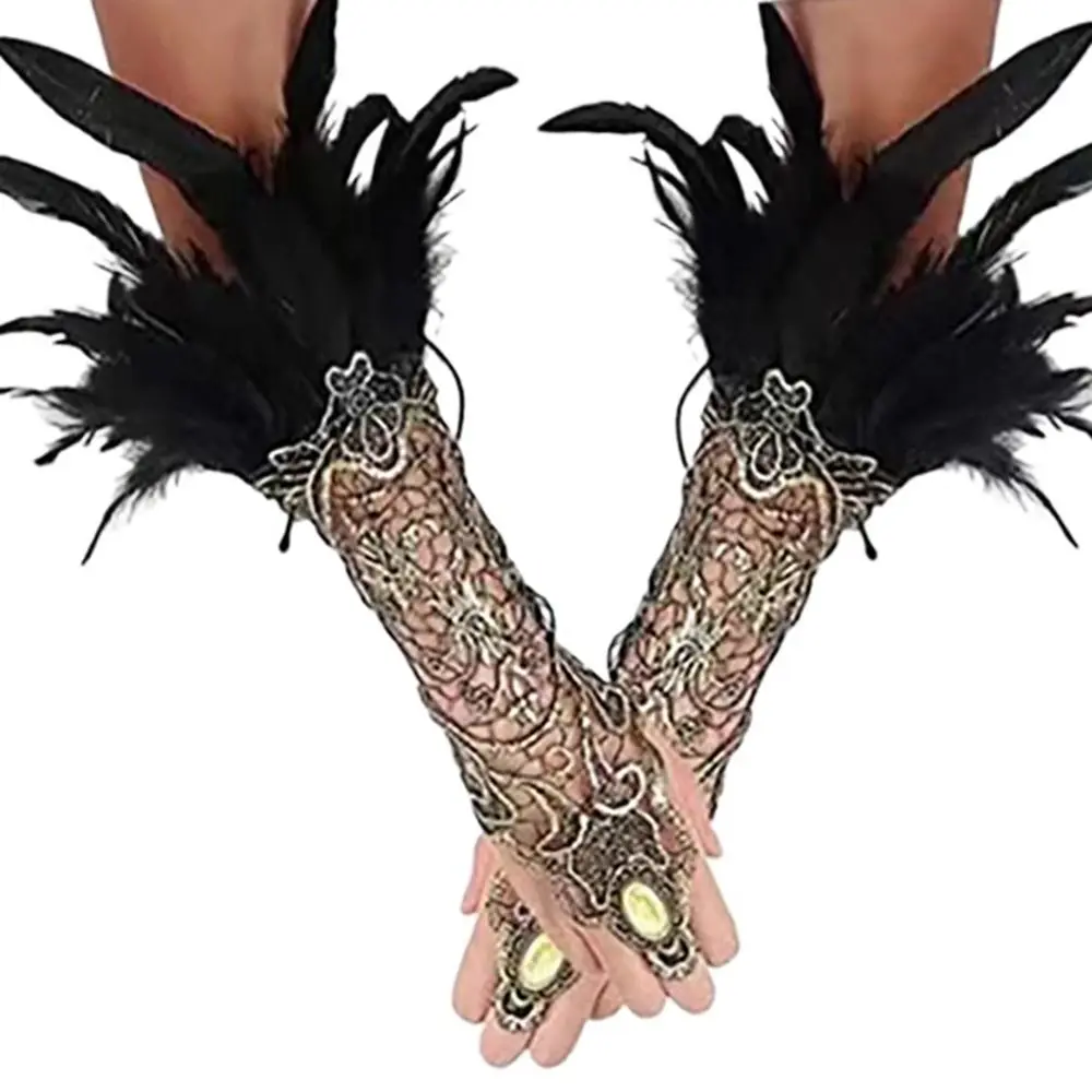 Retro Gothic Feather Gloves For Women Lace Wrist Cuffs Cosplay Stage Showgirl Party Dance Chain Fashion Bracelets Arm Chain