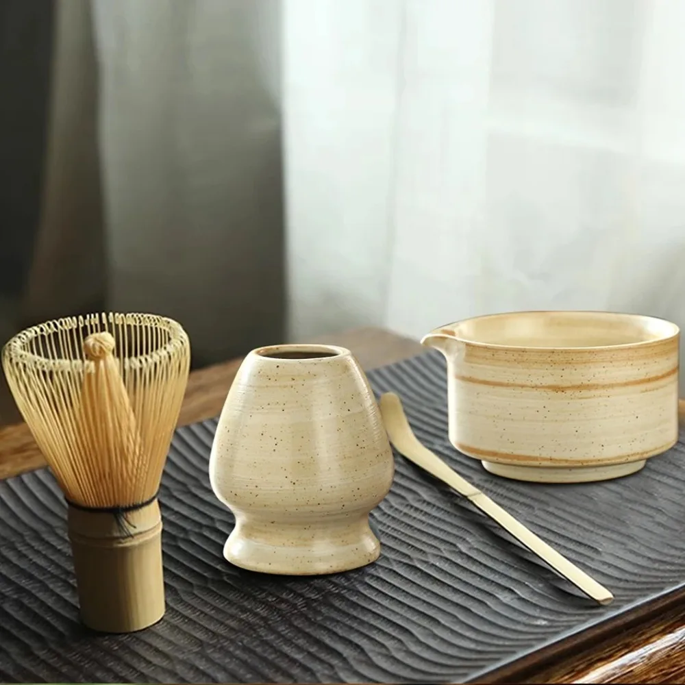 

4PCS New Bamboo Ceramic Japanese Matcha Tea Set Reusable Safe Matcha Whisk Food Grade Green Tea Whisk