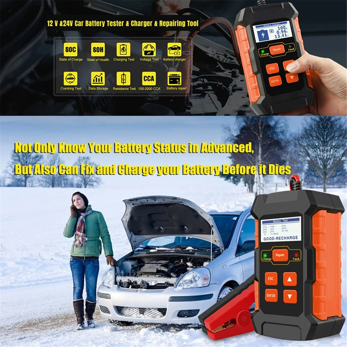 

KW520 12V 24V Car Battery Tester Charger and Battery Repairing Tool Diagnostic Scanner 100-2000CCA Tester US Plug