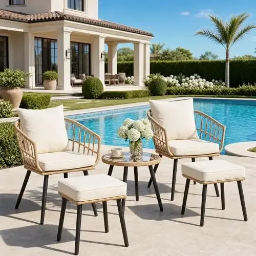 5 Piece Patio Bistro Set, All-Weather Rattan, Yellow/Beige | Outdoor Wicker Small Conversation Bistro with Ottoman