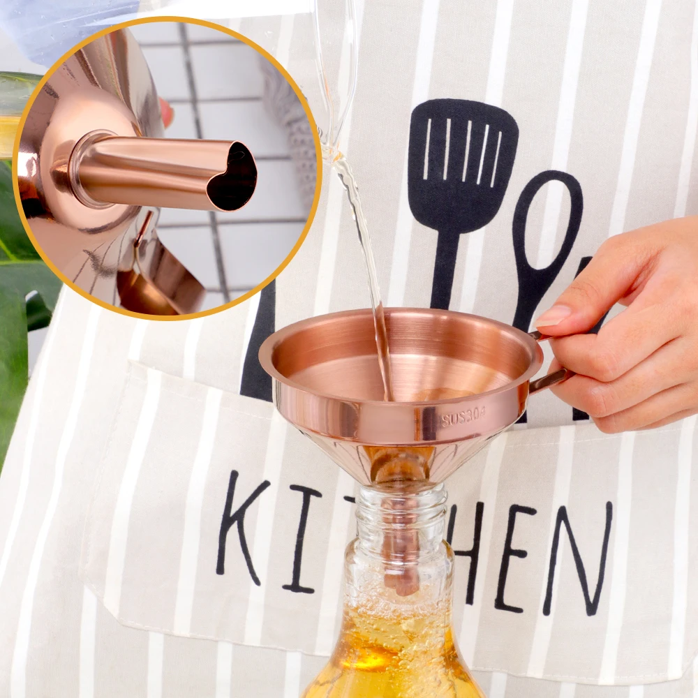 304 Stainless Steel Kitchen Oil Liquid Funnel With Detachable Filter Strainer For Filling Bottles Canning Gold Metal Funnel