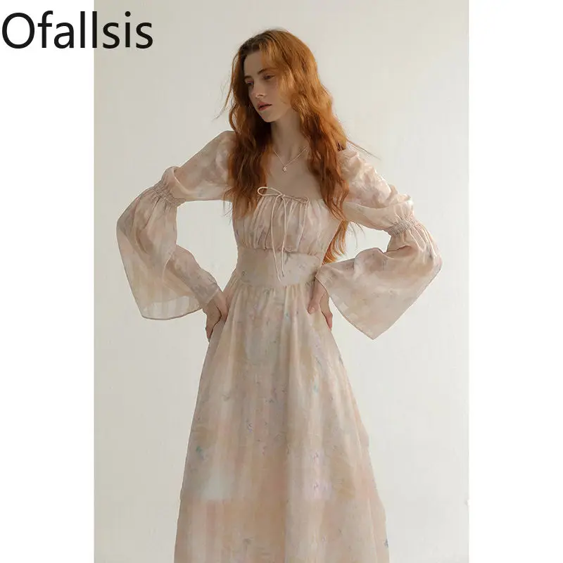 Ofallsis Retro Floral Printed Square Neck High Waisted Slimming Dress Spring 2024 French Style Sweet Flesh A-line Long Dresses