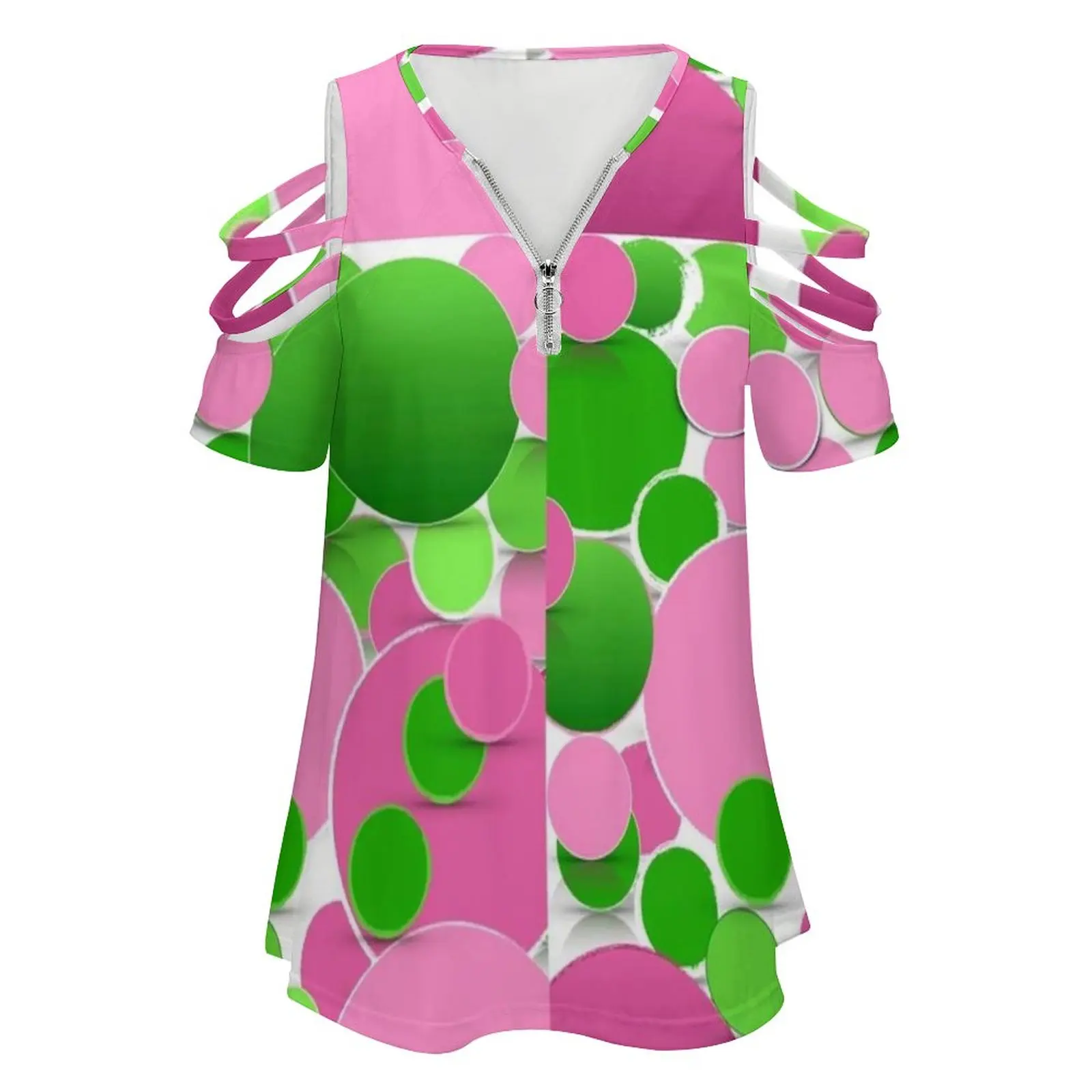 Pink & Green Fashions / Products Women's T-Shirt New Fashion Printed Zipper V-Neck Short Sleeve T Shirts Casual Plus Size Aka
