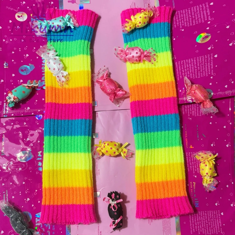 

Mikumn Harajuku Girls Y2k Lovely Candy Rainbow Striped Knitted Leg Warmer Socks Women's Long Socks Lolita Kawaii Foot Cover