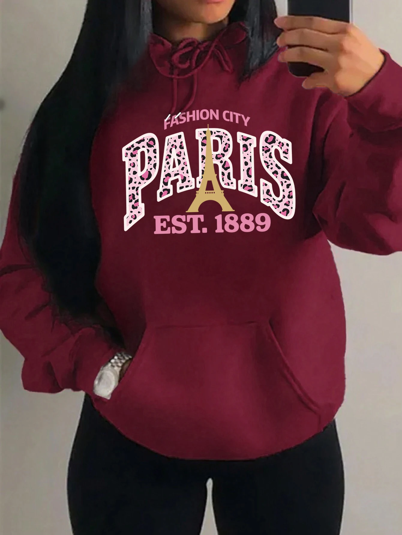 

Розовая женская толстовка с леопардовым принтом Paris 1889, удобные толстовки с карманами, флисовая толстовка с капюшоном, осенняя одежда, свободная одежда