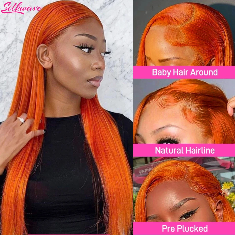 Peluca de cabello humano liso de 13x6 para mujer, postizo de encaje Frontal transparente, 13x4, 30 y 36 pulgadas, color naranja jengibre