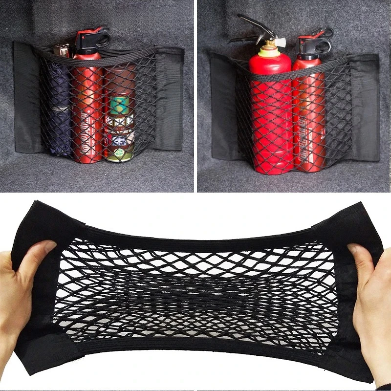 Organizador de malha para porta-malas de carro, rede de armazenamento para banco traseiro, bolsa universal para porta-malas, fita mágica automática, acessórios internos de rede