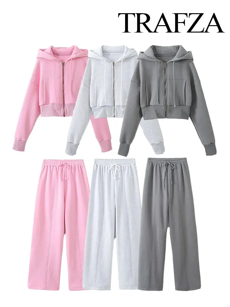 TRAFZA Women Fashion Hoodie Pant Sets Chic Zipper Pocket Long Sleeve Jacket Female High Waist Drawstring Elastic Waist Long Pant