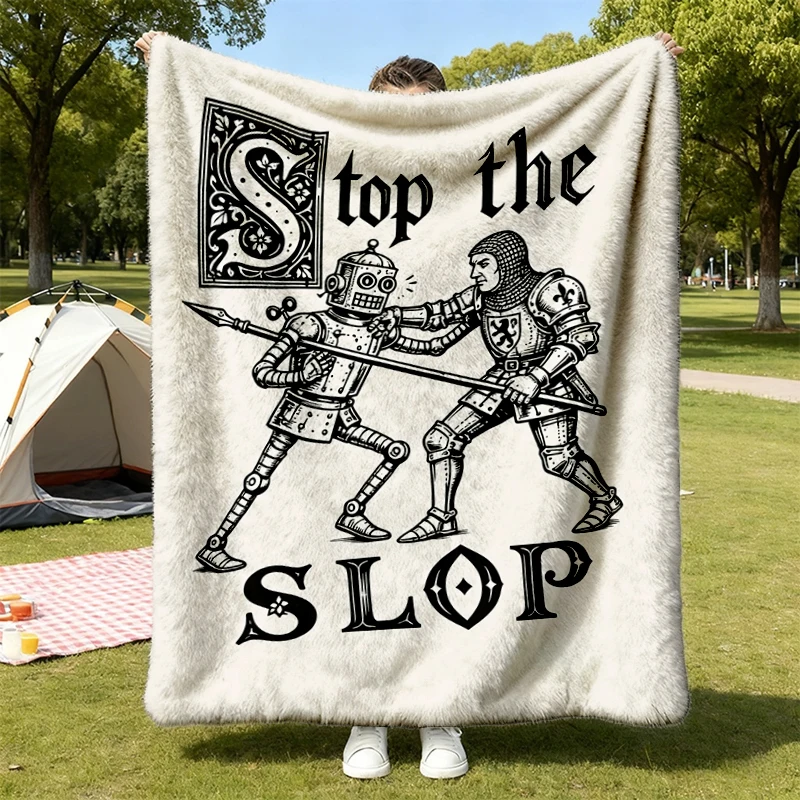Stop The Slop Medieval Meme Flannel Blanket, Anti Artificial Intelligence Flannel Throw