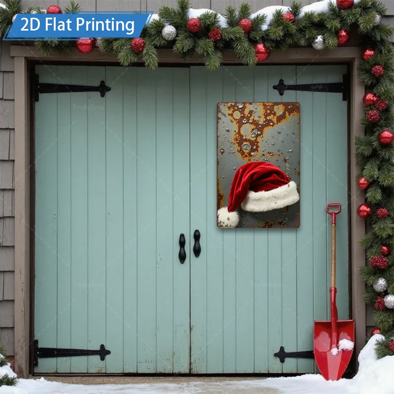 [2D FLAT] 1 قطعة علامة معدنية ريفية معدنية عيد الميلاد قبعة جدار ديكور فني