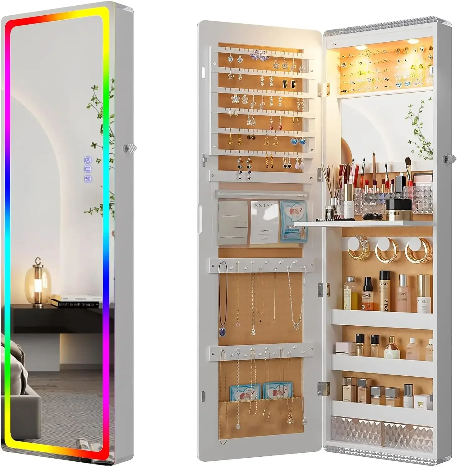 Armoire à bijoux à miroir LED avec lumières RVB, miroir mural, miroir pleine longueur, verrouillable, 2 portes de proximité, évaluation de bijoux, 47.2 po