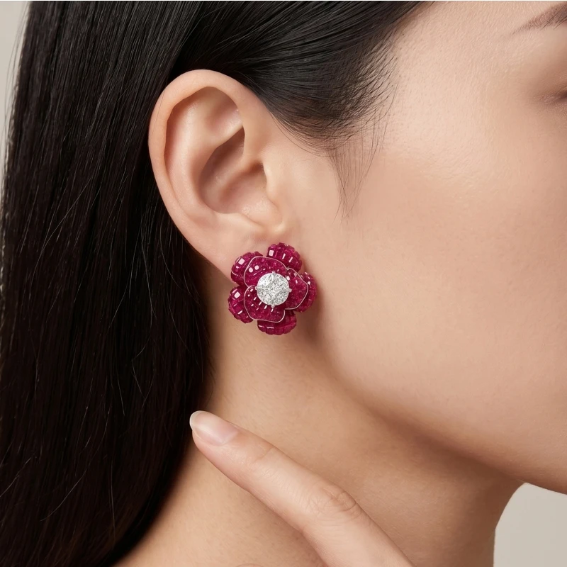 Bellux 925 Silver Gold Plated Synthetic Zircon Earrings Special Process Invisible Setting Pink Flowers Romantic Earrings