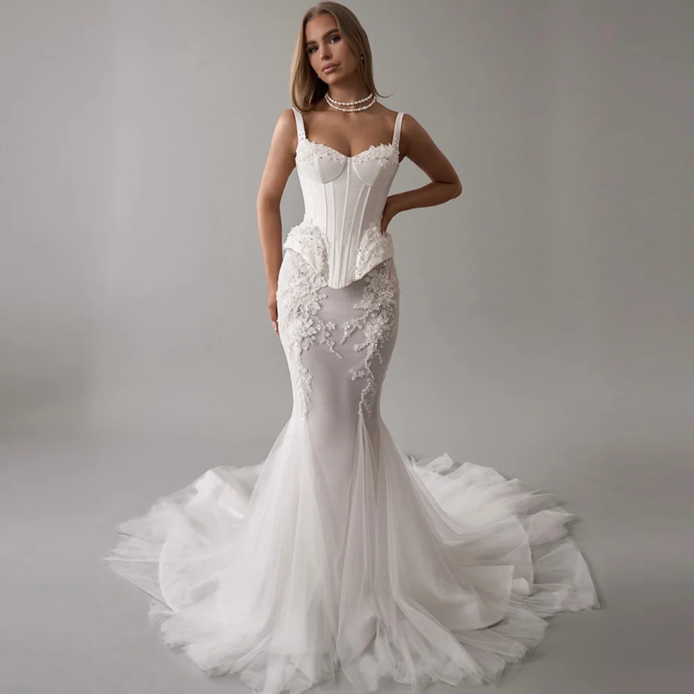 Classic Spaghetti Straps Satin Vestido De Novia Delicate Handmade Flowers and Pearls Bridal Gowns Customized Tulle Wedding Dress