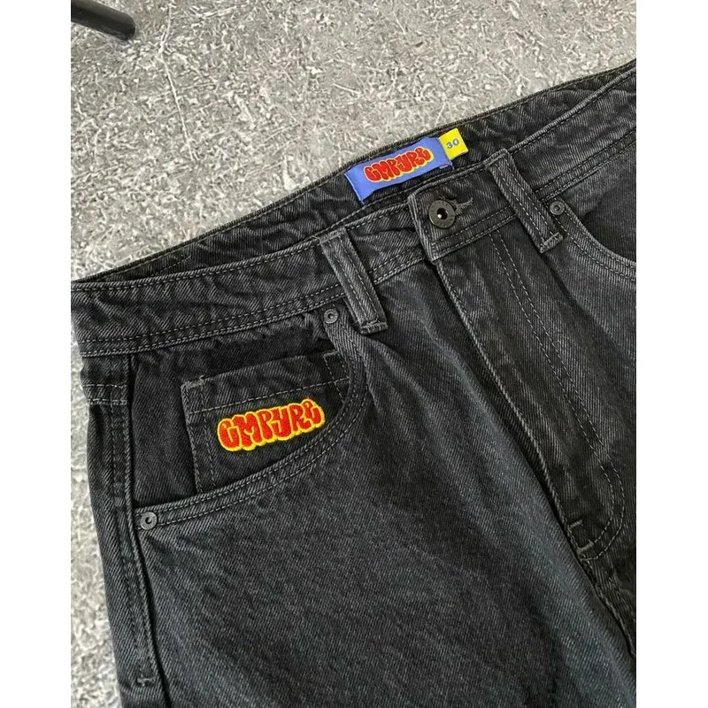 Graphic Gothic Cartoon Bordado Jeans Baggy, Calças Pretas para Homens e Mulheres, Calças de Perna Larga, Streetwear Y2K Hip Hop, Empyre, Novo