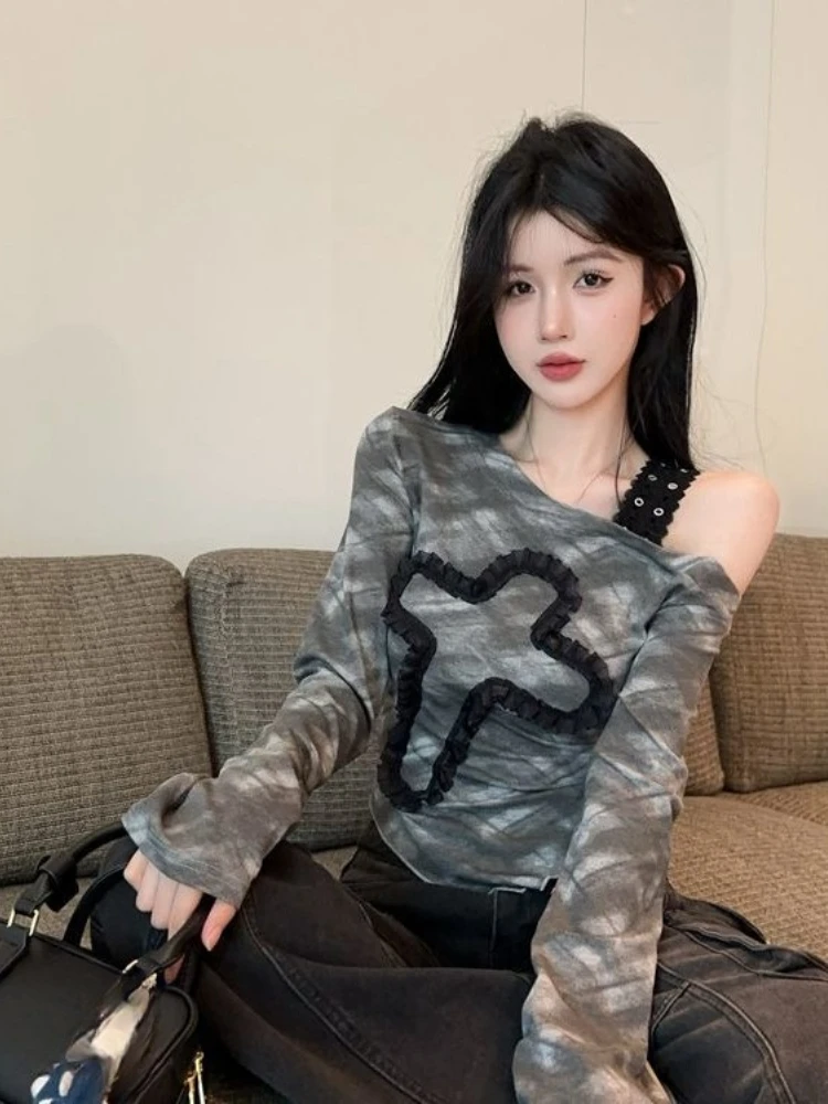 Y2k Aesthetic Irregular Tie-dye Vintage Tshirts Streetwear Skew Collar Bodycon Tshirts Harajuku Women Grunge Patchwork T-shirt