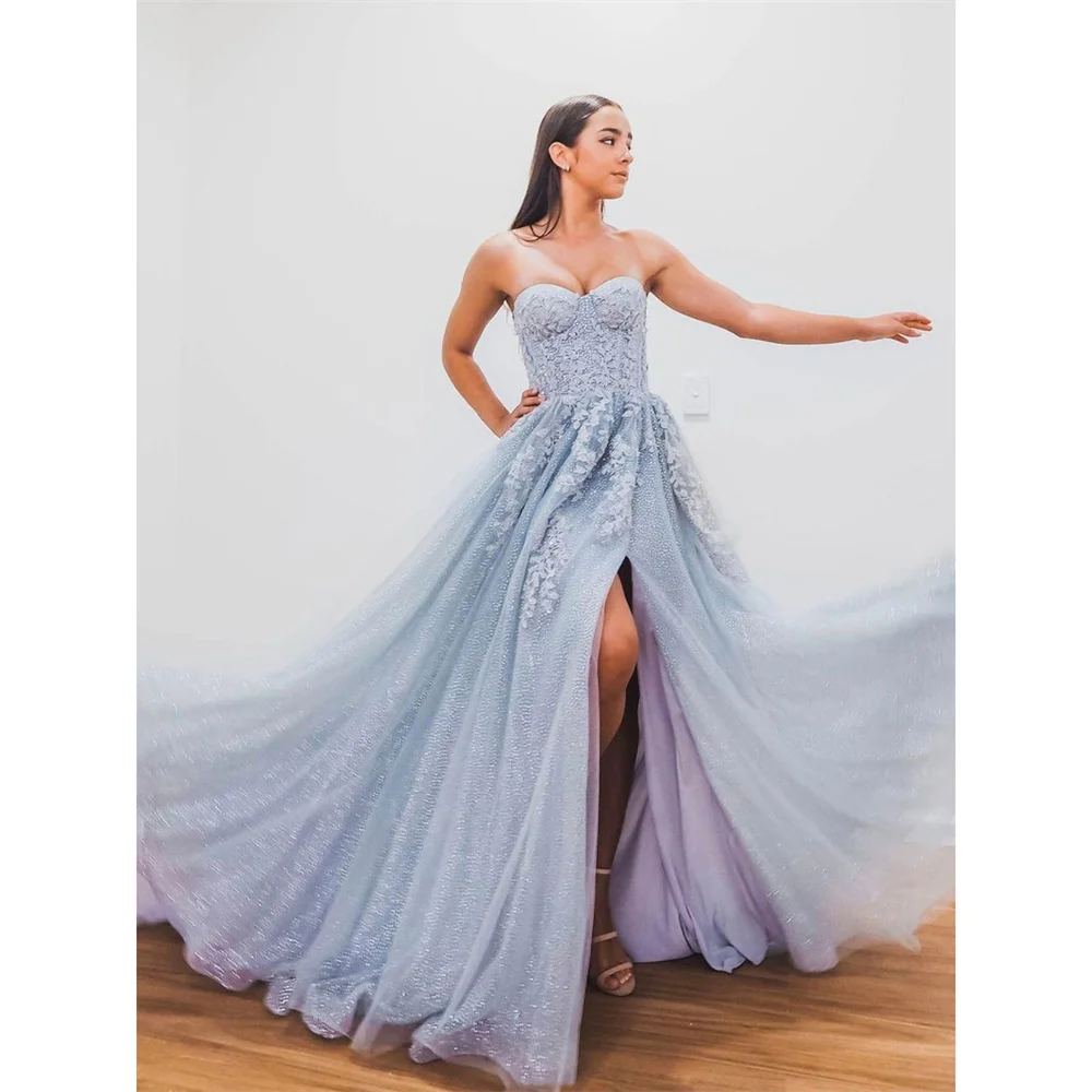 

Lily Light Sky Blue Chic Woman Evening Dress Gown Appliques Side Split Ball Gown Lace Up Back Night Dresses Gown robes de soirée