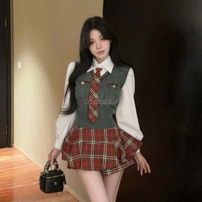 2025 migliorato stile scolastico coreano donna jk uniforme camicia a maniche lunghe maglione gilet gonna gonfia a quadri set jk moda in tre pezzi