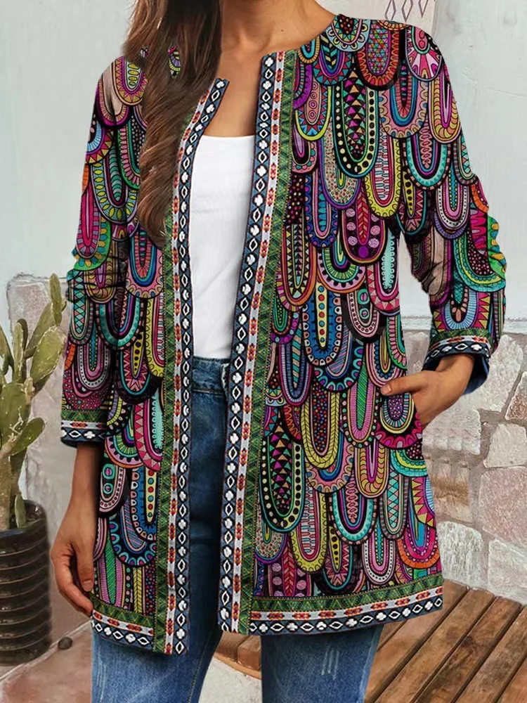 

Autumn Winter Coats Vintage Ethnic Style Printed Long Sleeved Casual Loose Elegant Jacket Cardigan Women's Fall Clothing Tops