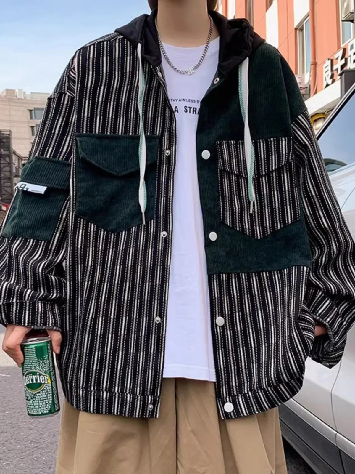 

Американская уличная рабочая куртка для мужчин, осенняя, из вельвета, с капюшоном, в стиле пэчворк, свободного кроя, больших размеров, для подростков