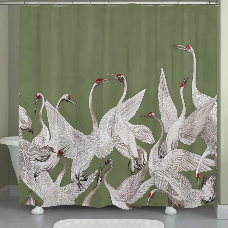 

White Crane Shower Curtain Green Background Bird Art Design Nature Decor Bathroom Waterproof Curtains Elegant Home Style