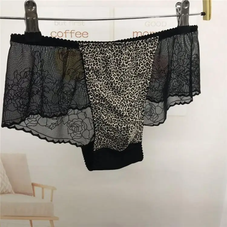 Man's Lace Leopad Graphics Silky Touch BF Brief Panty Harajuku Half Sheer Hip LGBQT Group Live Show Dance Harajuku Party DJ