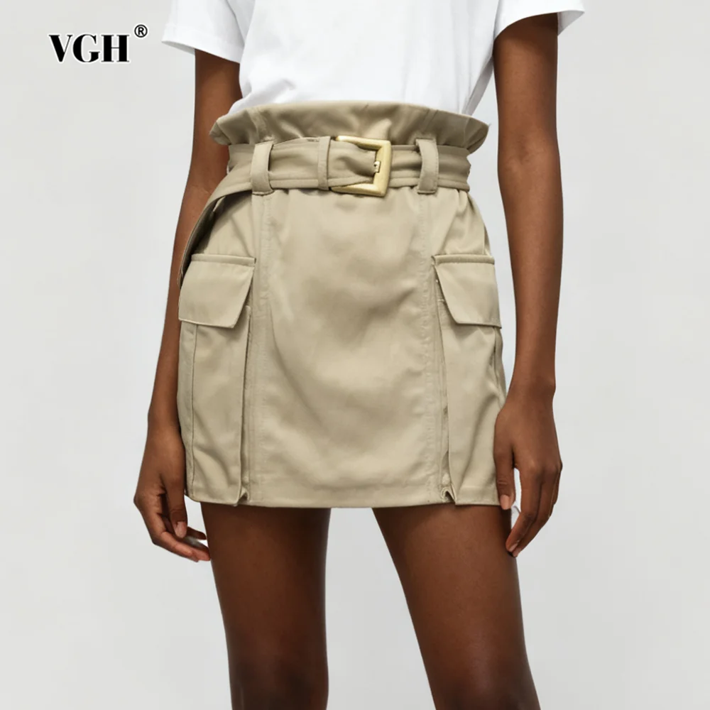 

VGH однотонные утягивающие мини-юбки с поясом для женщин с высокой талией и рюшами, летняя дизайнерская юбка для вечеринок, женская модная стильная новинка