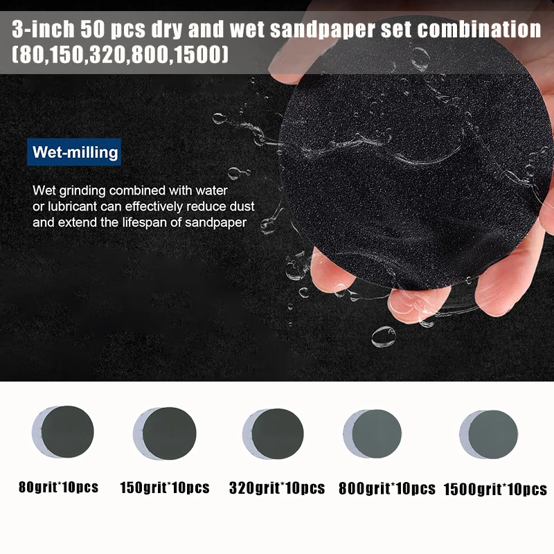 

50pcs 3inch 75mm Sandpaper Hook & Loop Sanding Disc Water/Dry Grinding Disc Abrasive Tools 80 150 320 800 1500 Grit Set
