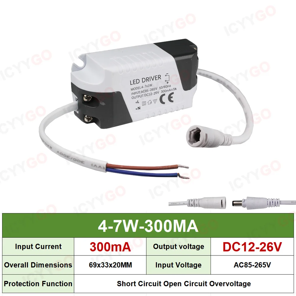 محرك LED 3-4 واط 4-7 واط 8-12 واط 12-18 واط 18-25 واط 25-36 واط قابس تيار مستمر تيار مستمر مصدر طاقة جهد عريض مصدر طاقة لإضاءة اللوحة المسطحة