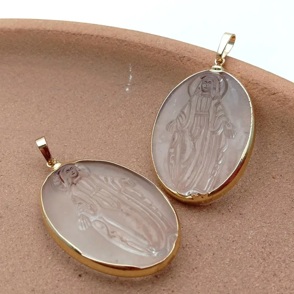 5 Pcs Crystal Quartz Pendant Religious Charm Oval Shape Metal Plated Female Jewelry