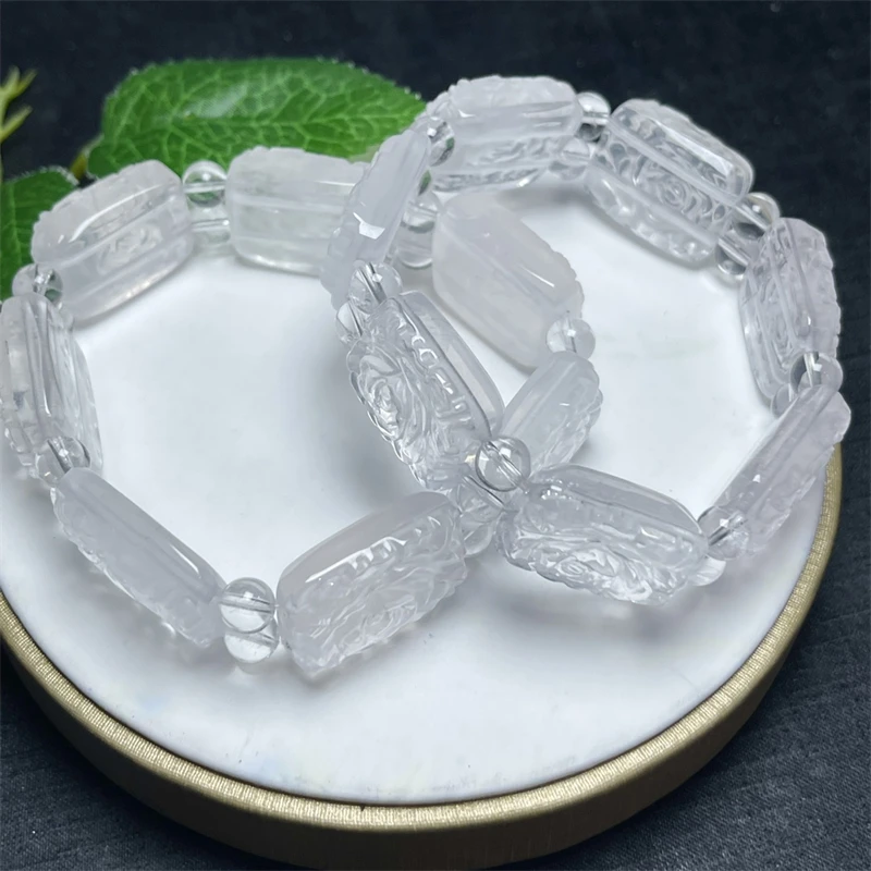 Natural Clear Quartz Carving Bracelet Handmade Crystal Jewelry Stretch Bangle Children Birthday Gift 1PCS 22X18MM