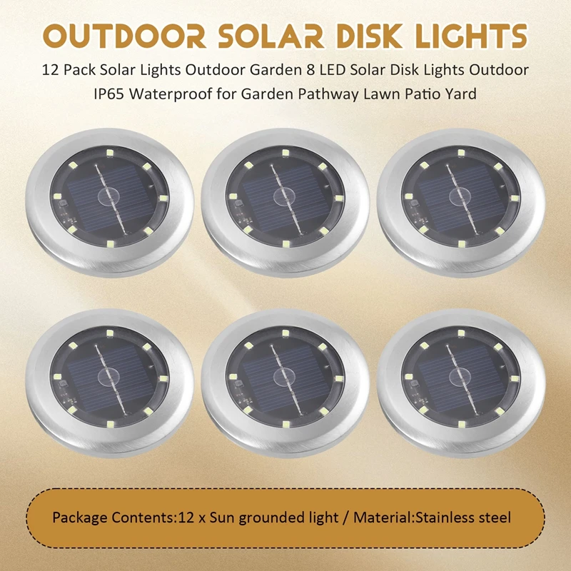 12 Pack Solar Lights Outdoor Garden 8 LED Solar Disk Lights Outdoor IP65 Waterproof For Garden Pathway Lawn Patio Yard