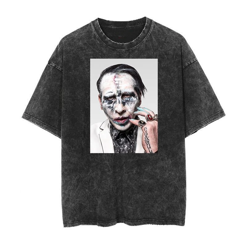 Rare Marilyn Manson Paintings Made of Old Wash Vintage Batik Art Rock Short Sleeved T-shirts