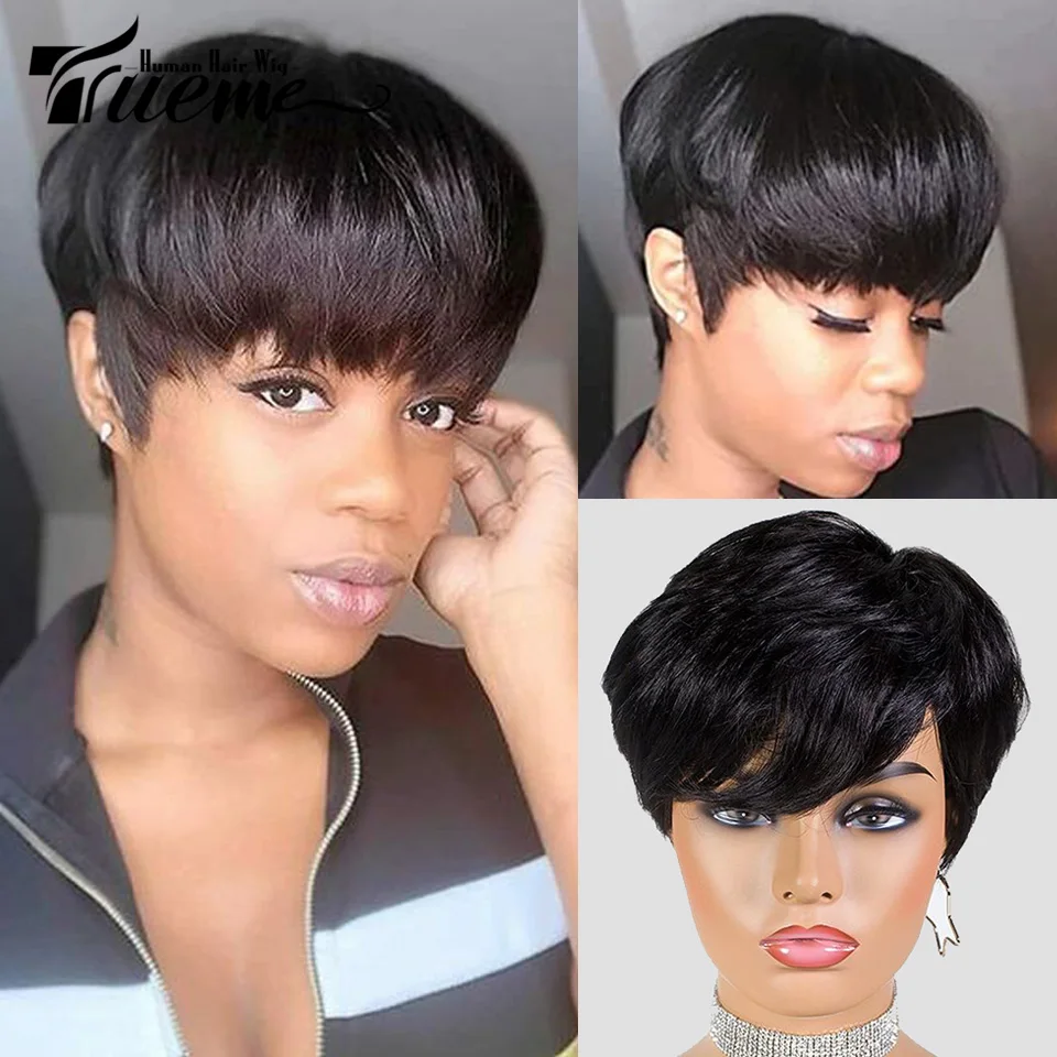 Trueme Short Straight Human Hair Wigs Fashion Pixie Cut Human Hair Wig For Women Brazilian Ombre Brown Red Grey Human Cheap Wigs