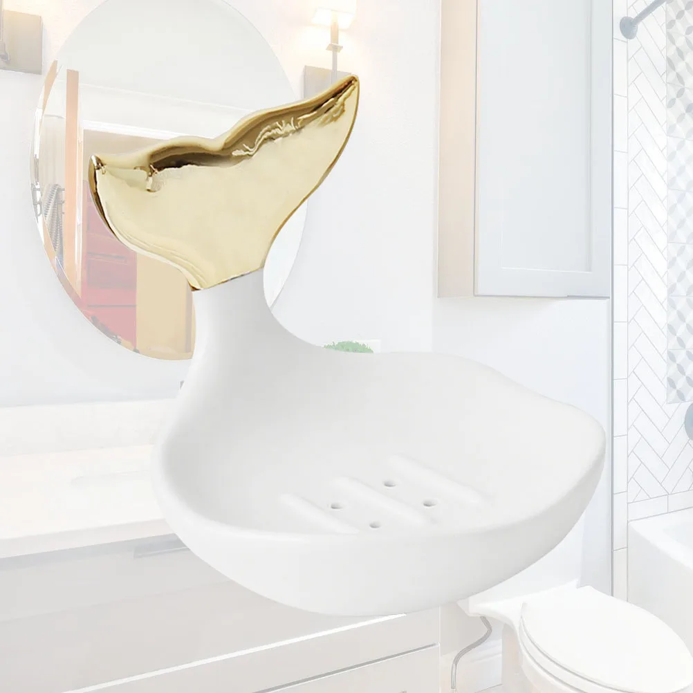 

1Pcs Ceramic Soap Dish Modern Fishtail Holder Stylish Soap Tray Storage Container for Bathroom Kitchen Counter Top