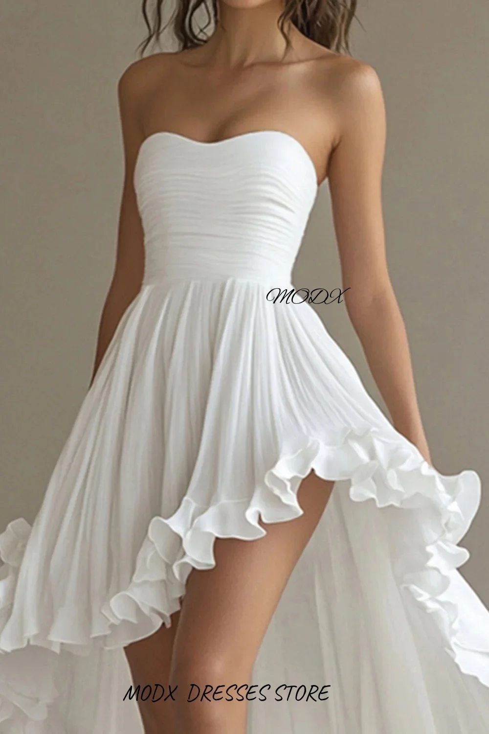 MODX White Wedding Dress Strapless High Low Design Chiffon Ruffle Skirt Elegant Bridal Gown For Wedding Ceremony Party Event