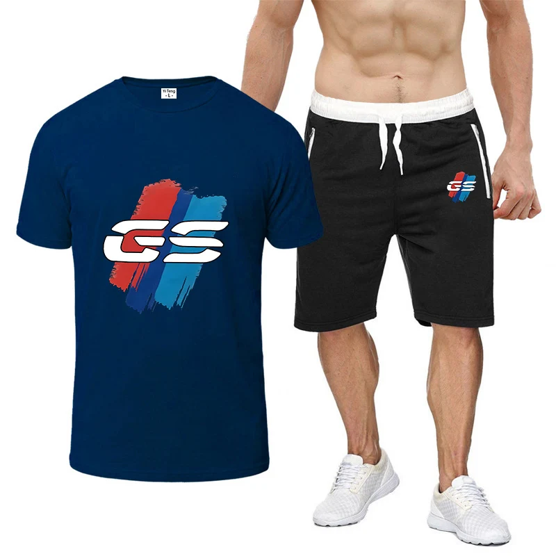 

GS Adventure Motorcycle New Style Retro Lightweight Solid Color Short Sleeved T-shirt Men Summer Street Trendy Pants Suits