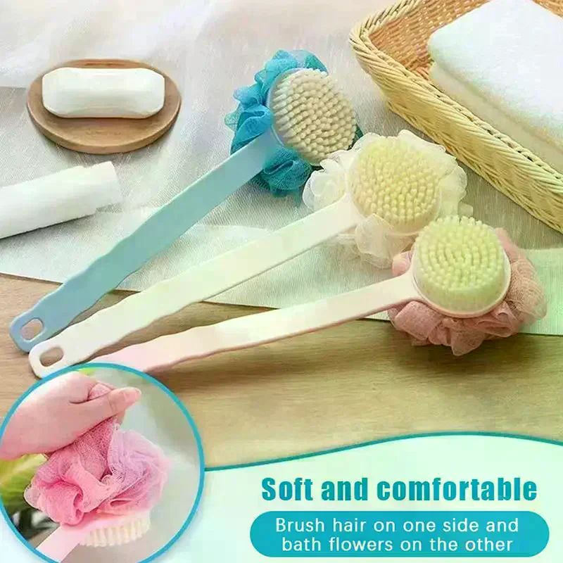 Loofah And Bristles Bath Body Brush For Women And Men - Curved Long Handled Shower Brush For Body, Face, And Spa Washing Soft