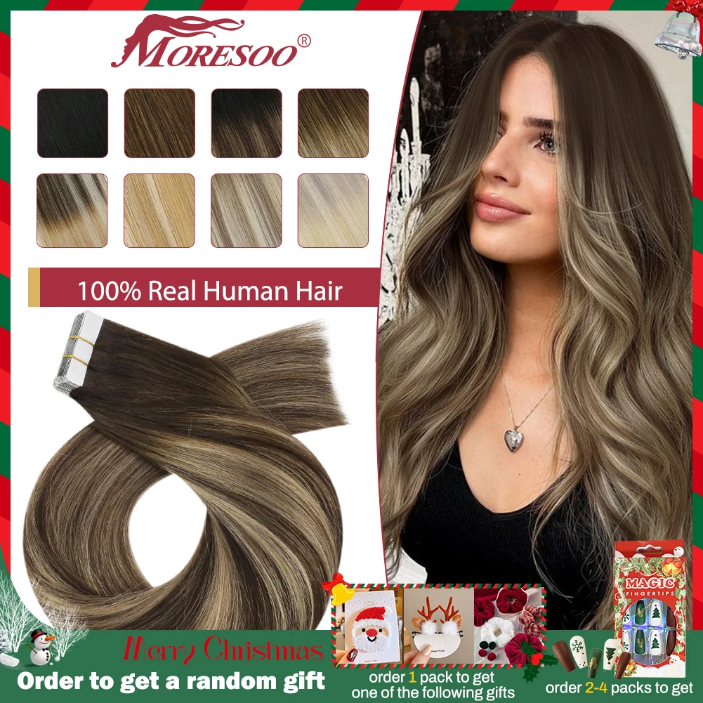 Moresoo 25G Tape in Human Hair Extensions 10 Pieces Natural Straight Remy Hair 14-24inches Blonde Hair Tape in Hair Extensions