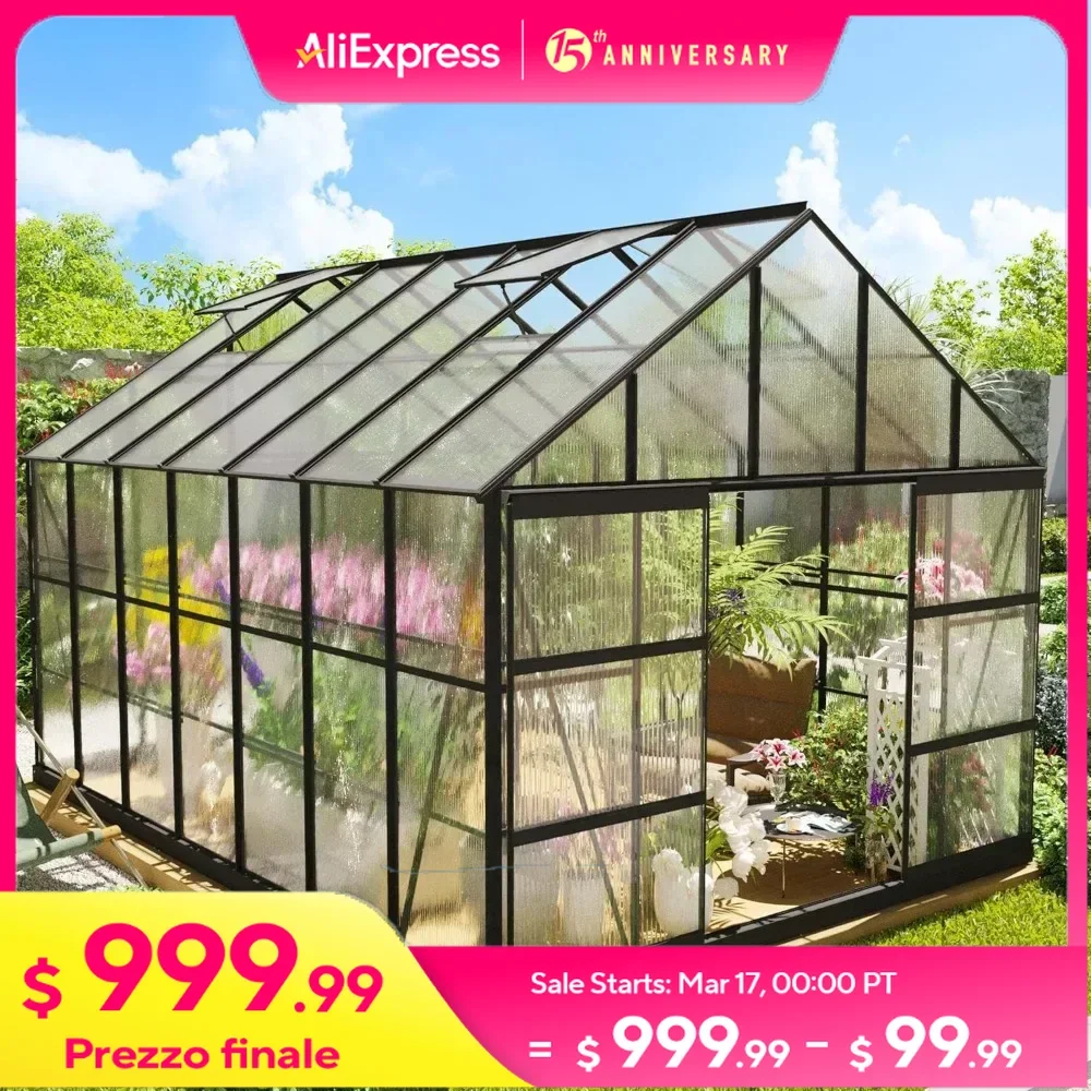 10x14 FT Greenhouse with 4 Roof Vent Windows and Lockable Double Doors, Outdoor Aluminum Polycarbonate Walk-in Greenhouse